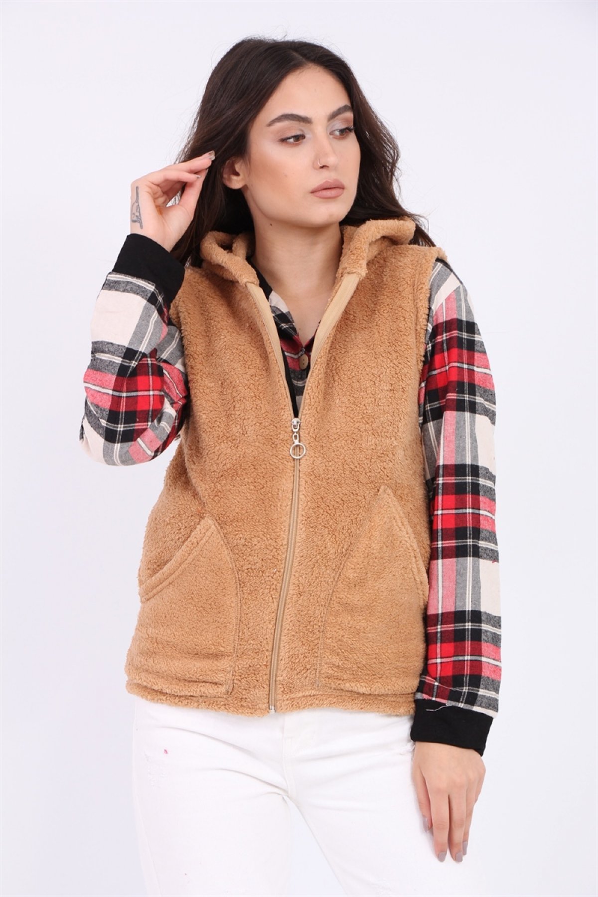 Kapşonlu Peluş Yelek 