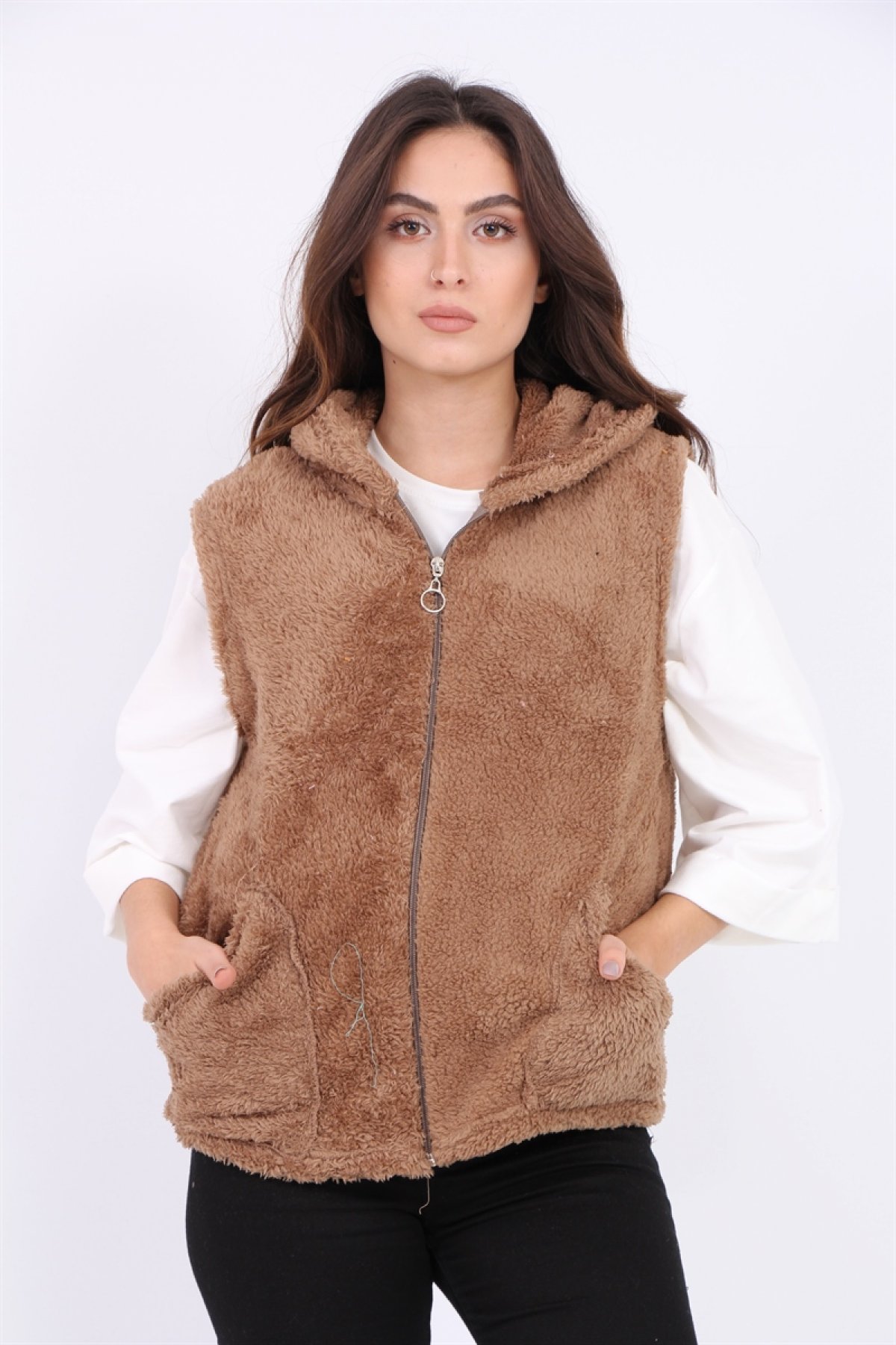 Kapşonlu Peluş Yelek 