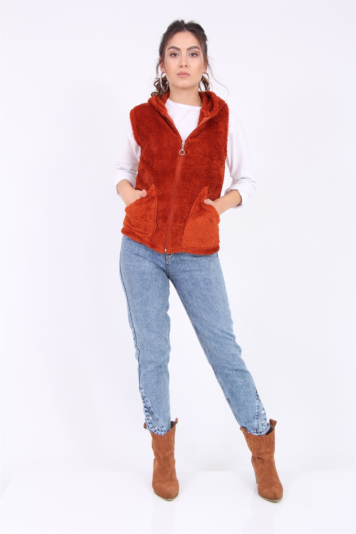 Kapşonlu Peluş Yelek 