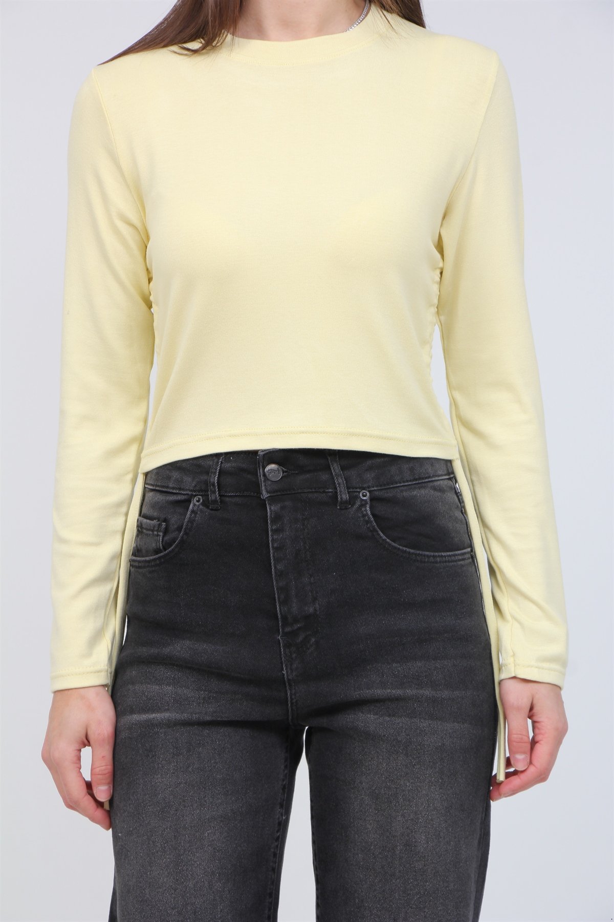 Ribona Kumaş  Yan Büzgülü Crop Bluz 