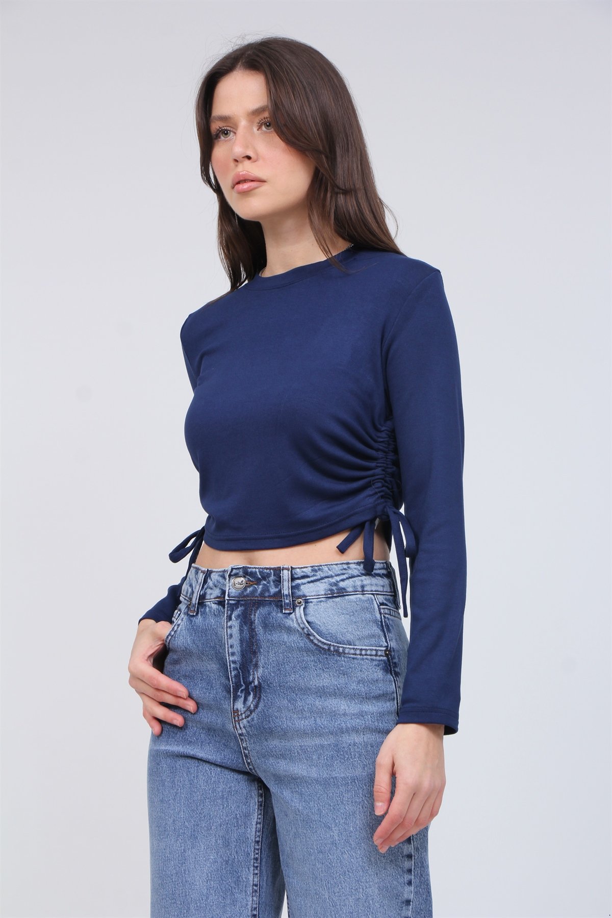 Ribona Kumaş  Yan Büzgülü Crop Bluz 