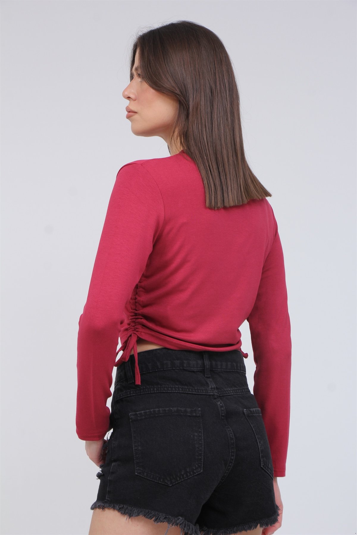 Ribona Kumaş  Yan Büzgülü Crop Bluz 