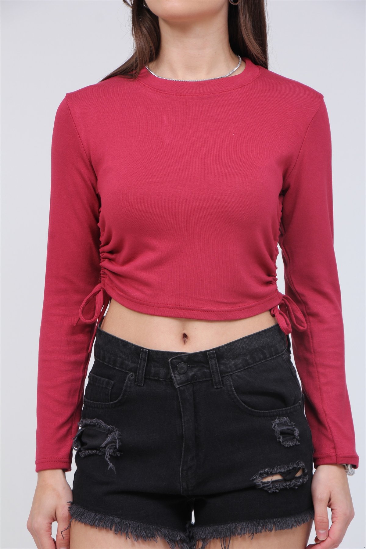 Ribona Kumaş  Yan Büzgülü Crop Bluz 