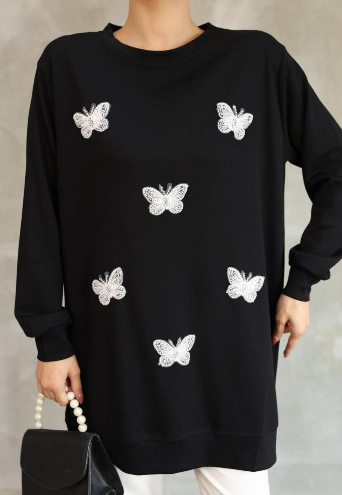 İnci İşlemeli Kelebel Tunik Model Kumaş 