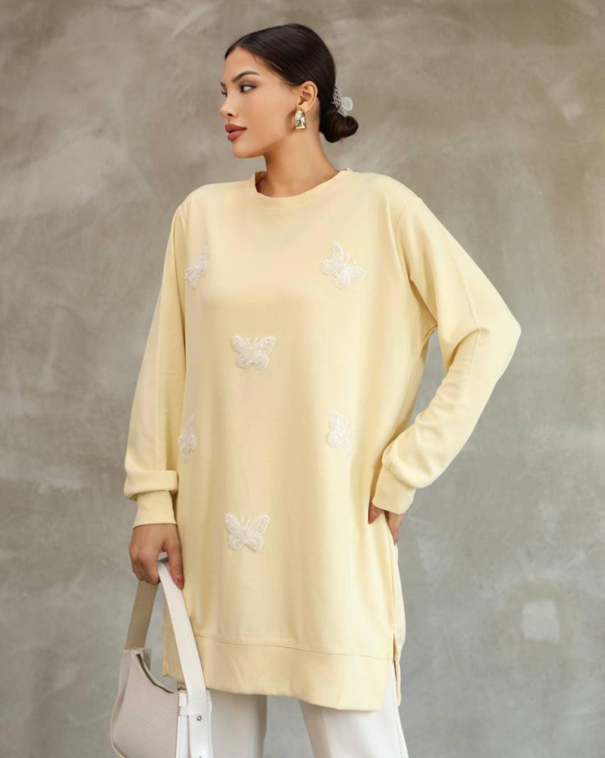 İnci İşlemeli Kelebel Tunik Model Kumaş 