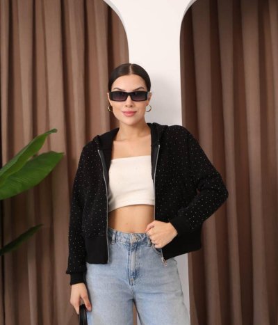 TAŞLI 3 İPLİK CROP SWEAT FERMUARLI