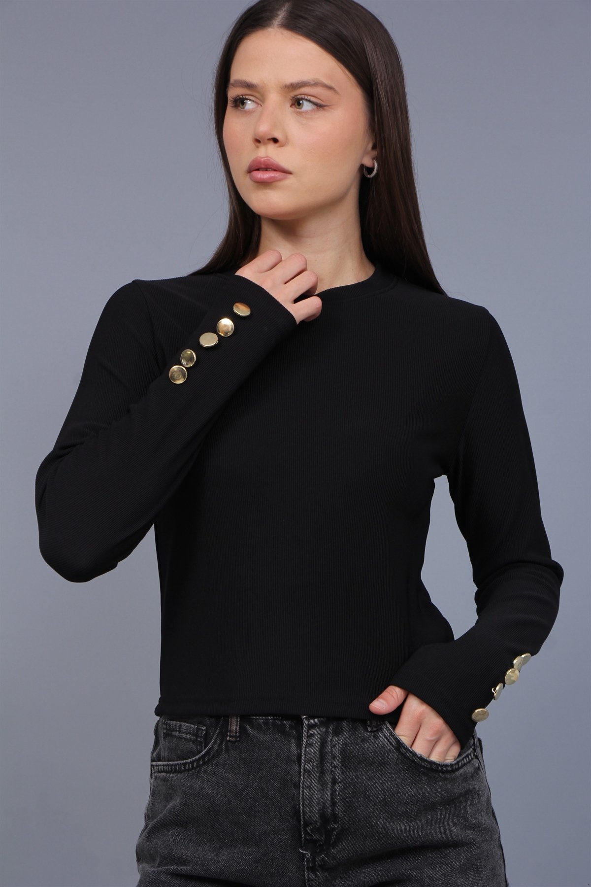 Kol Düğmeli Ottoman Kumaş Bluz 