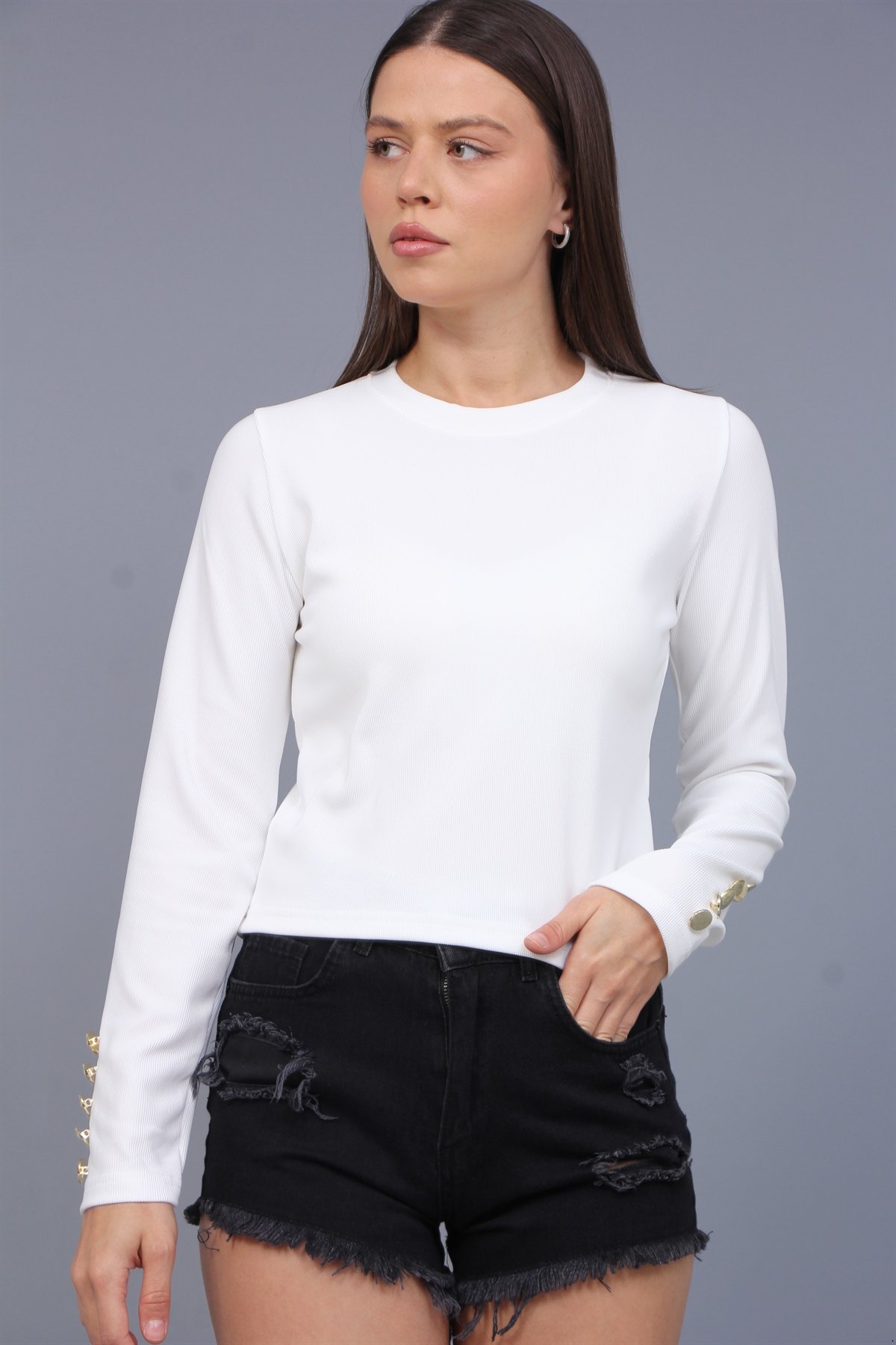 Kol Düğmeli Ottoman Kumaş Bluz 