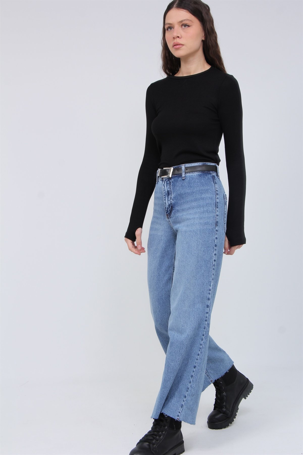 Kesik Paça Kemerli Palazo Pantolon 