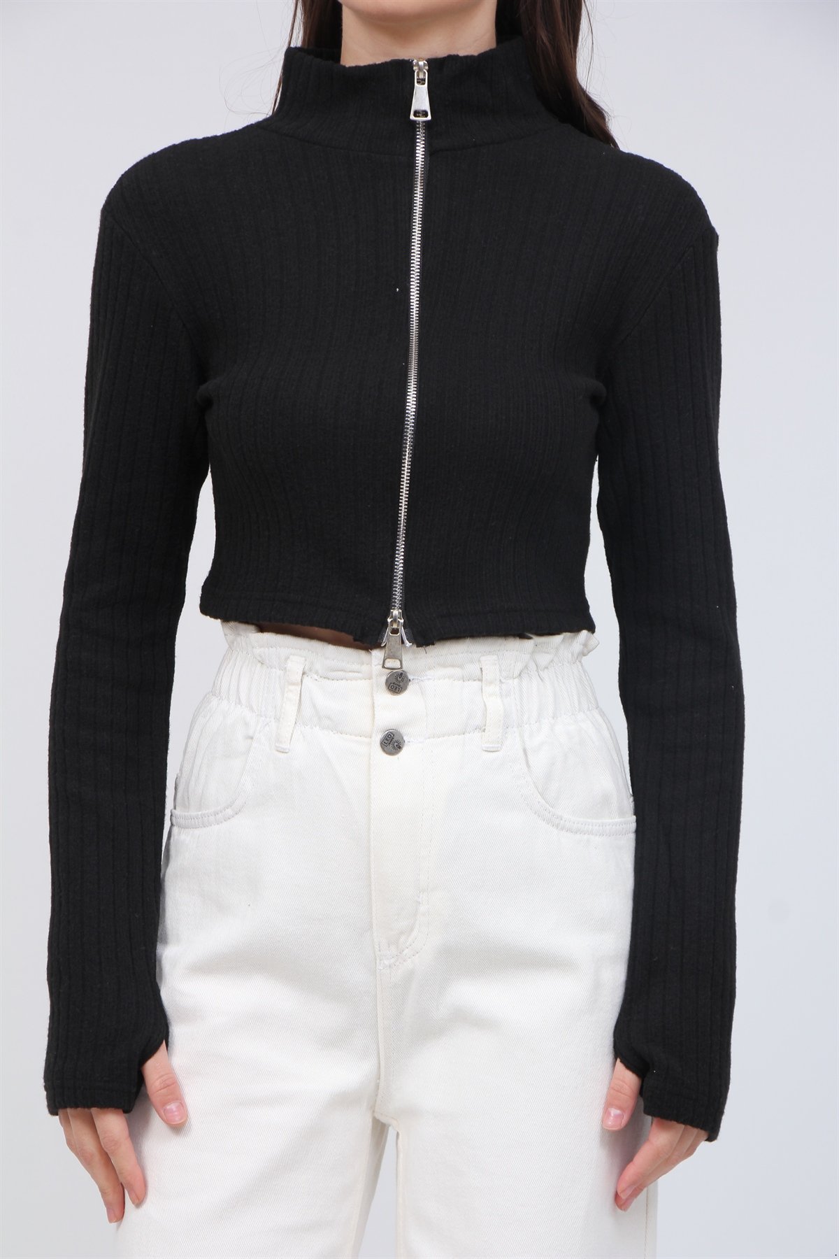 Fermuarlı Crop Hırka 