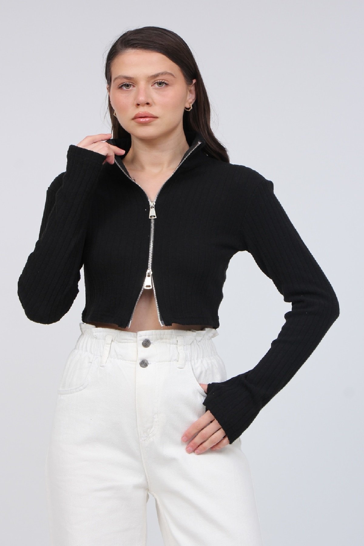 Fermuarlı Crop Hırka 