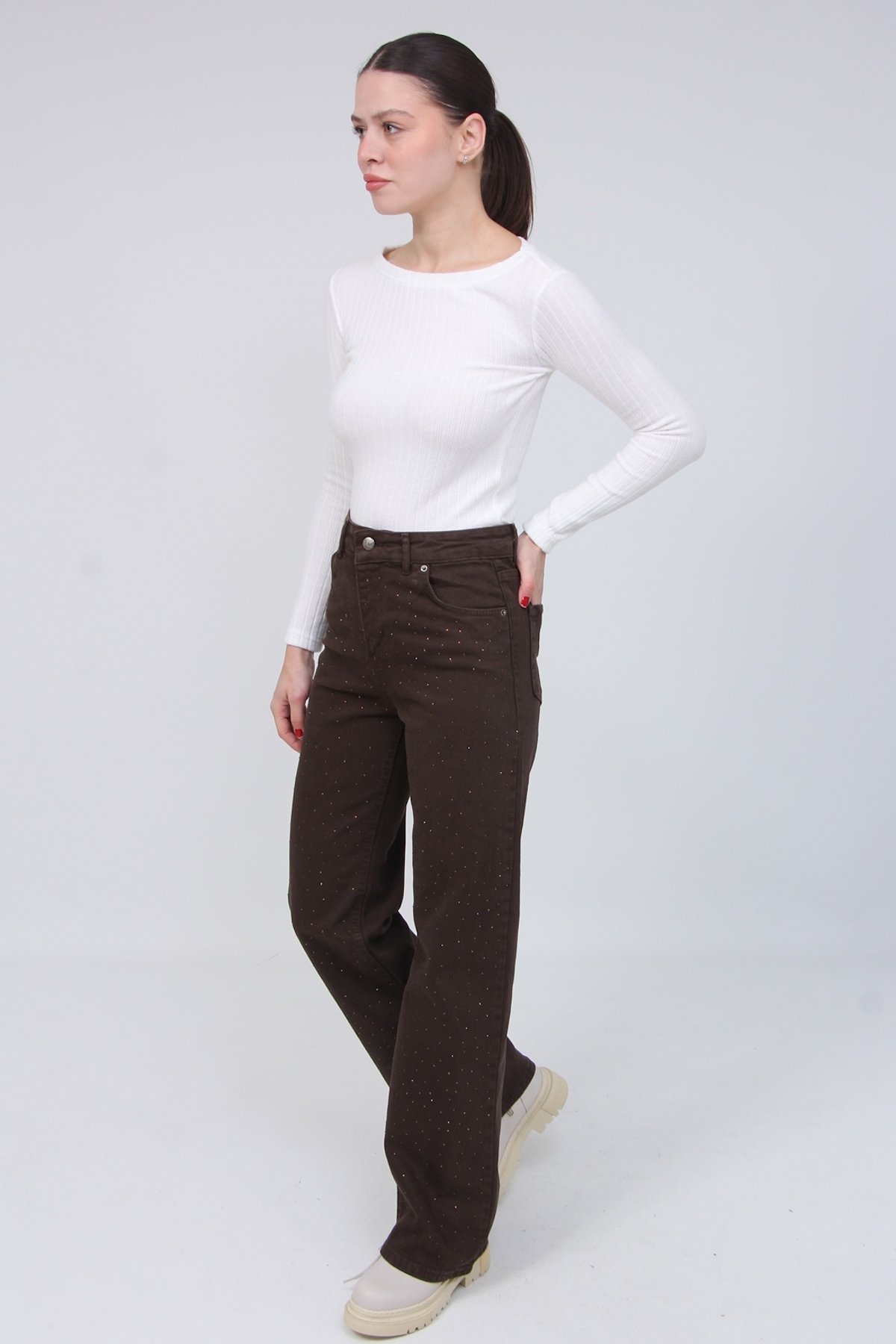 Kahve Taşlı Kot Palozo Pantolon 