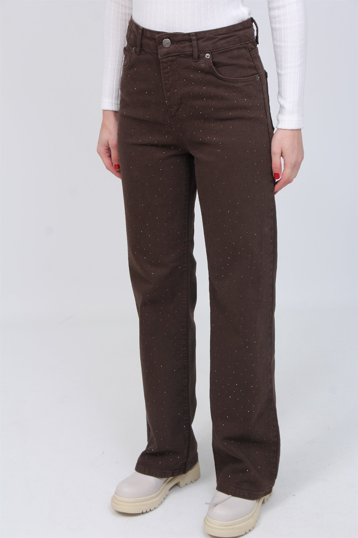 Kahve Taşlı Kot Palozo Pantolon 