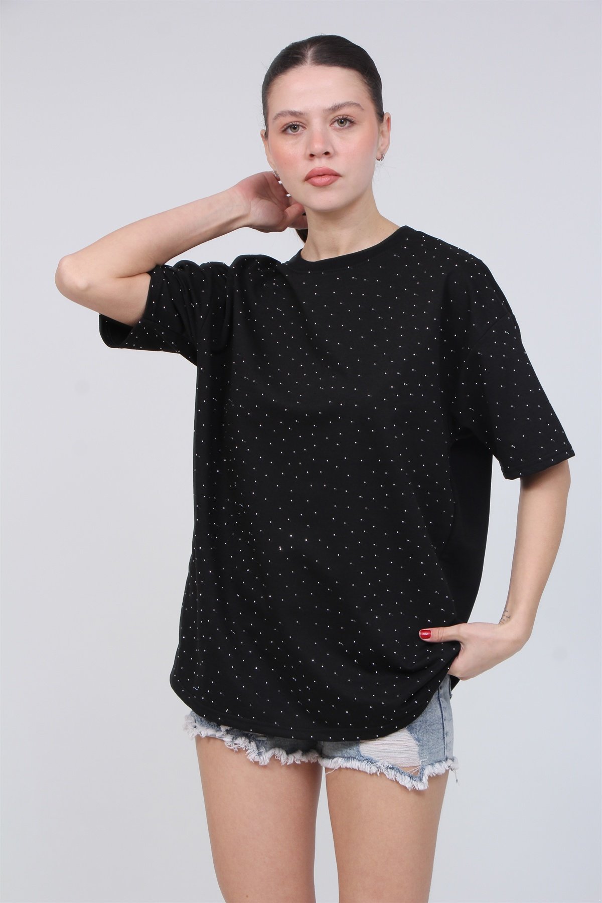 Biklet Yaka Taşlı Tişört 