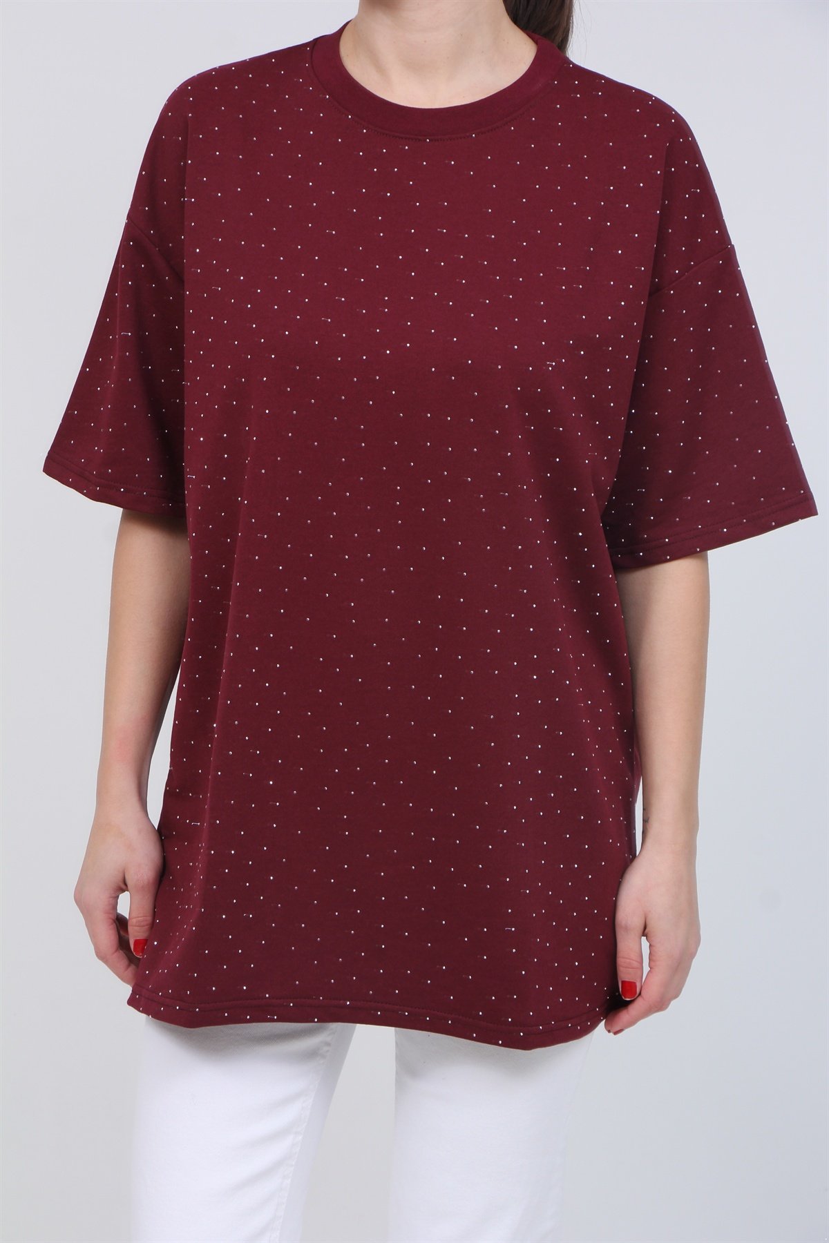 Biklet Yaka Taşlı Tişört 