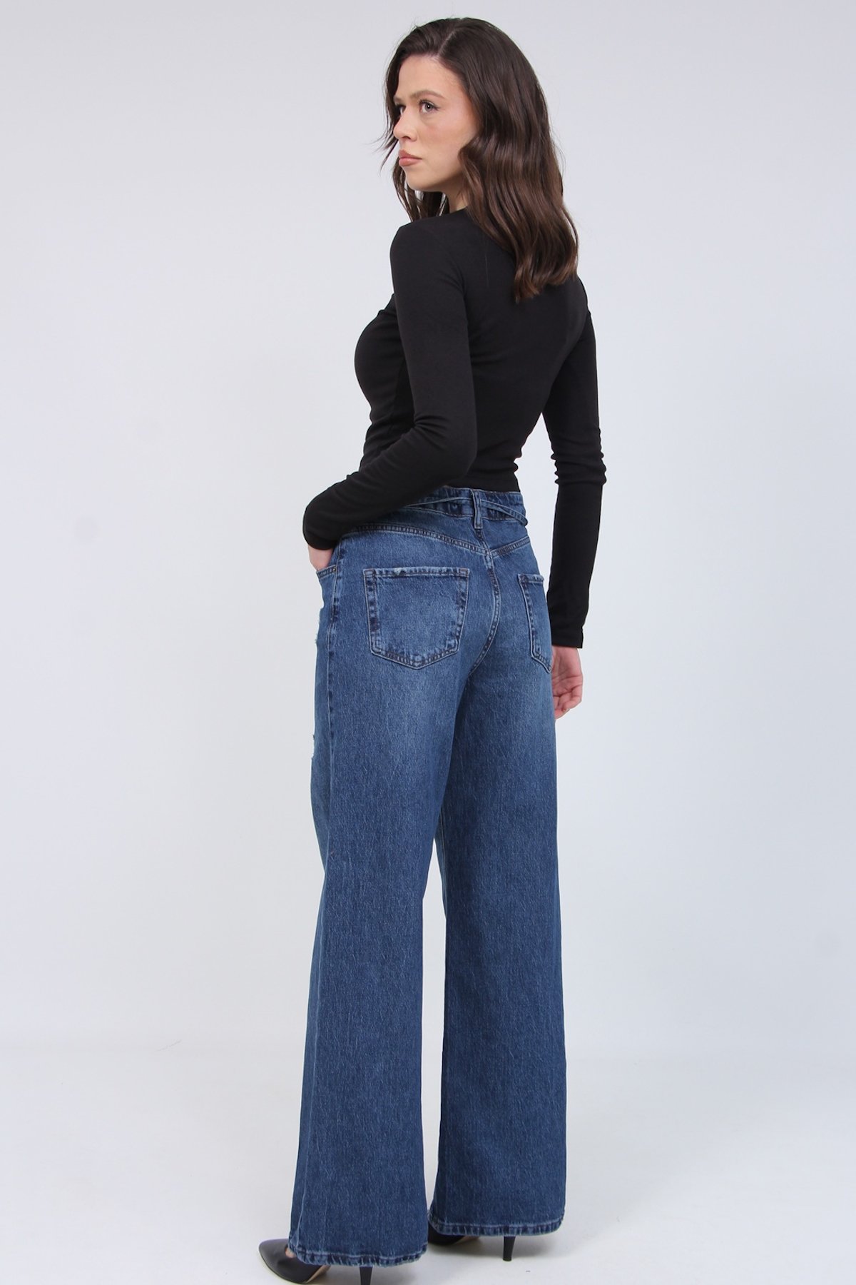 Ymr-25614 Bel Bağcıklı Kot Palazo Pantolon 