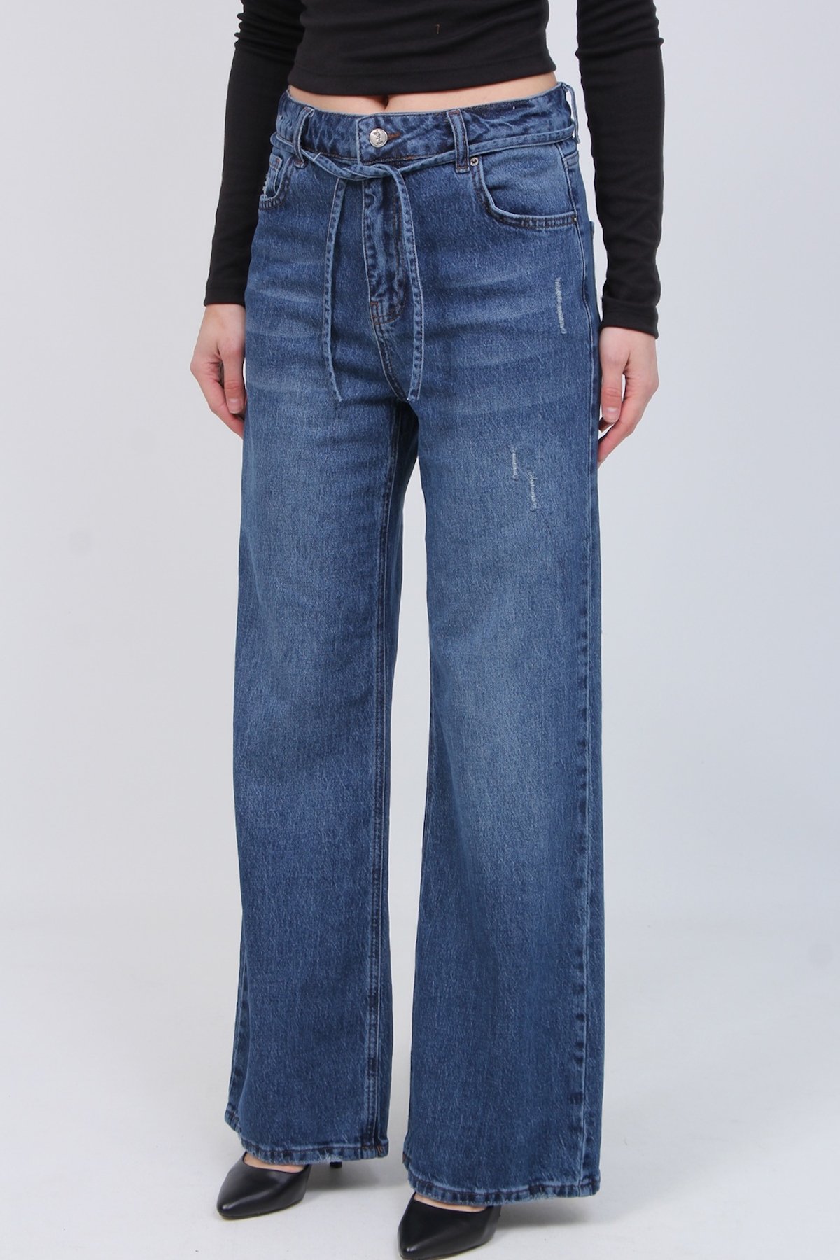 Ymr-25614 Bel Bağcıklı Kot Palazo Pantolon 