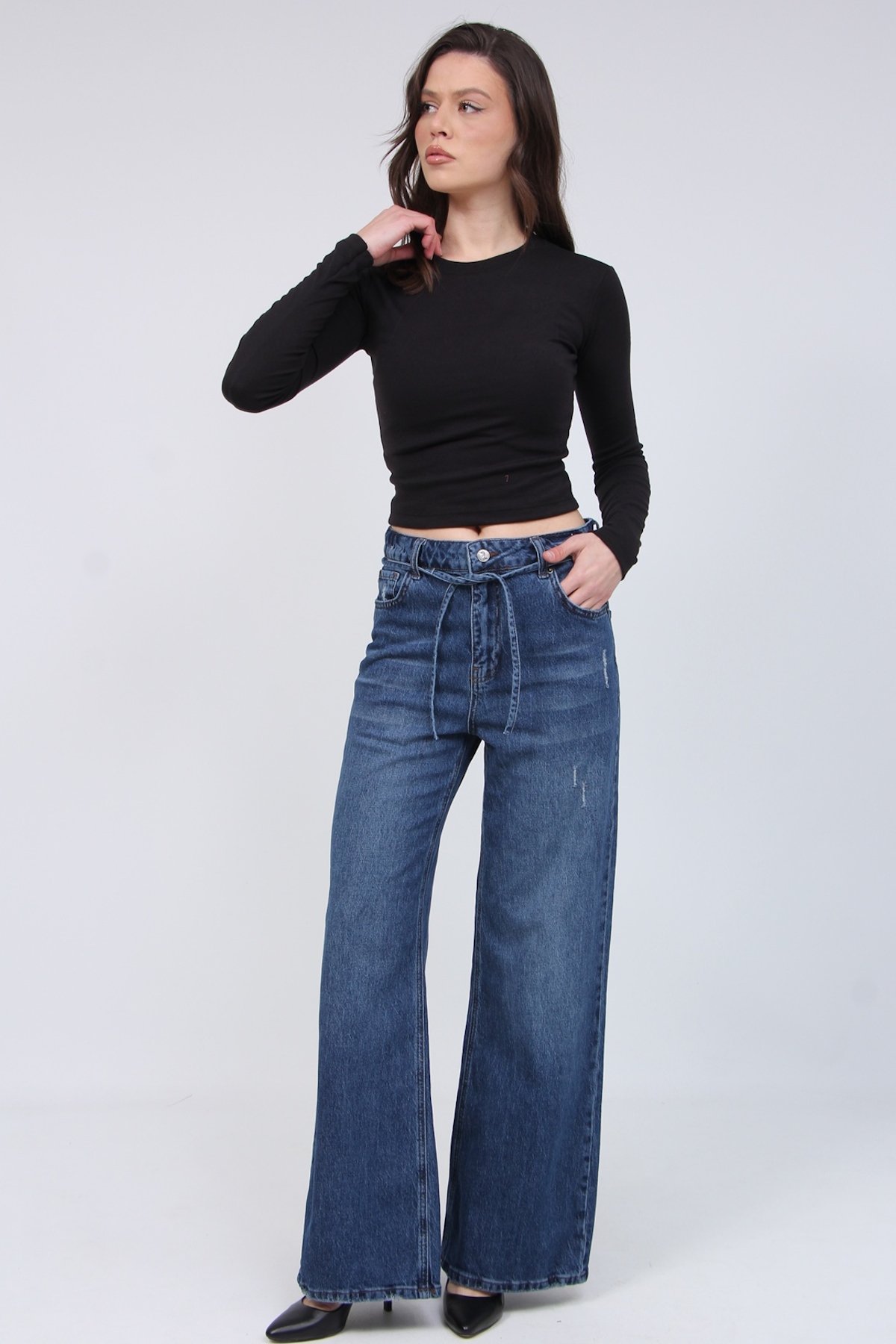 Ymr-25614 Bel Bağcıklı Kot Palazo Pantolon 